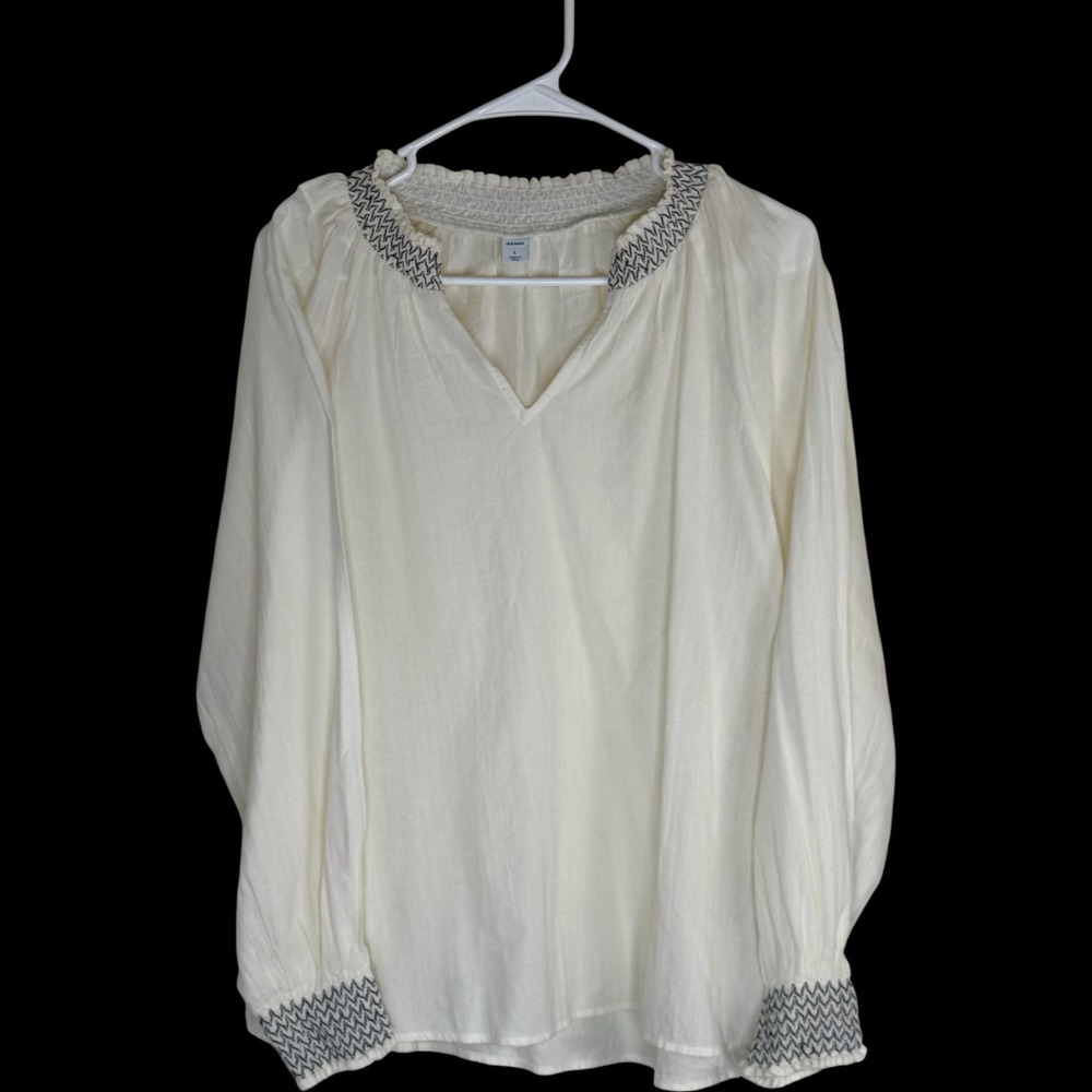 Old‎ Navy Womens White Gauze Embroidered V Neck Long Sleeve Blouse Top Size L